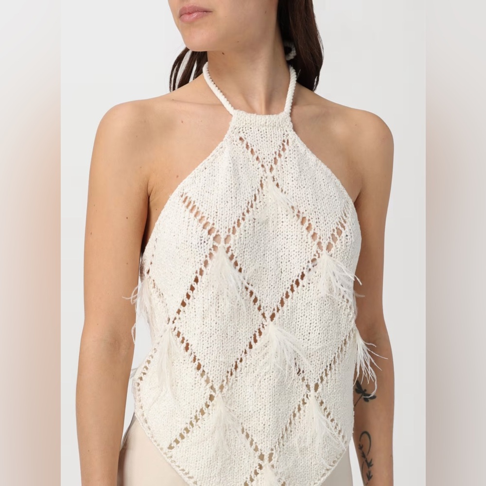 Twin-Set White Crochet Halter Top diamond feather knit indah andi bagus designer - Picture 4 of 10